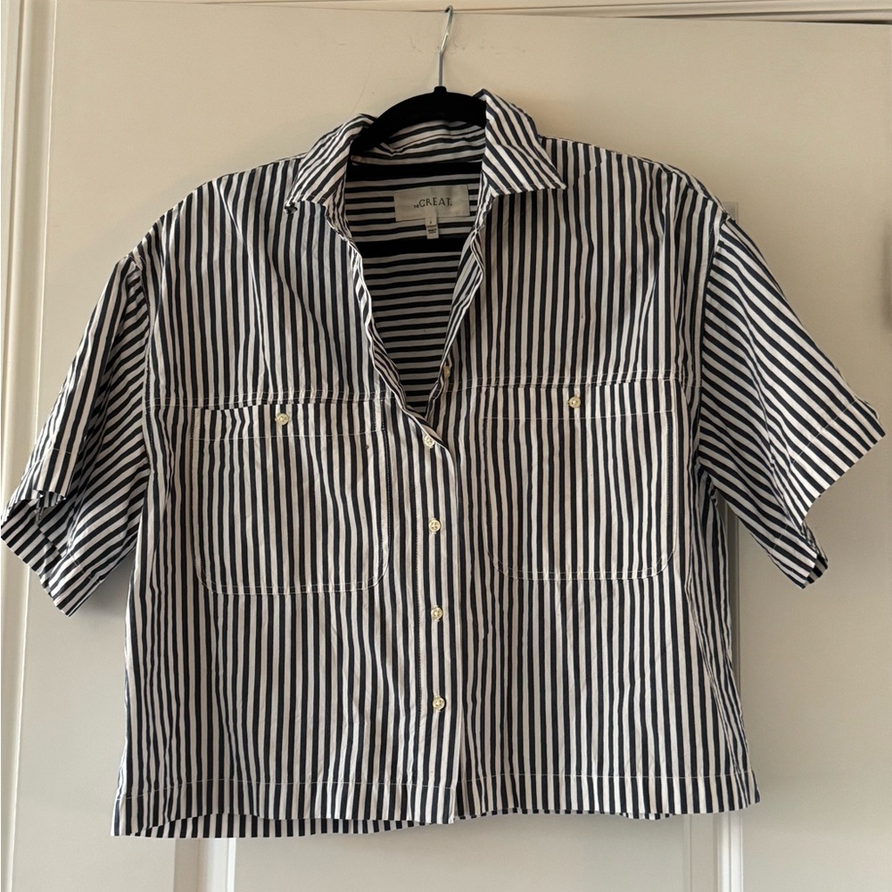 THE GREAT Navy and White Striped Short Sleeve Button Front Top